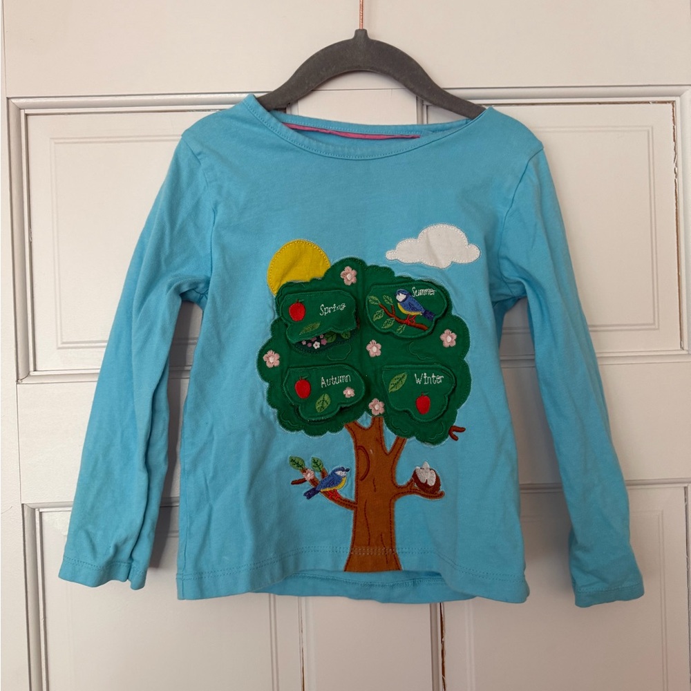Mini Boden 3T-4T Lift a Flap Turquoise Long-Sleeve Seasons Appliqué Top